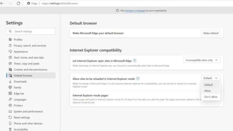 Finestra delle impostazioni di Edge