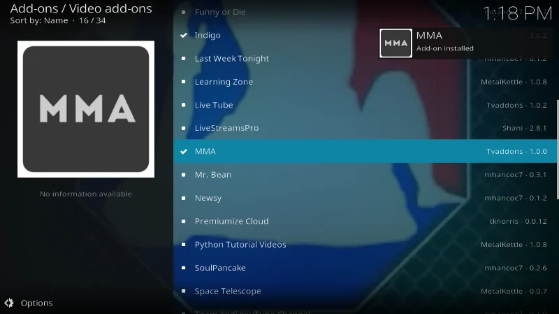 Componente aggiuntivo MMA Streams per Kodi: installazione e panoramica