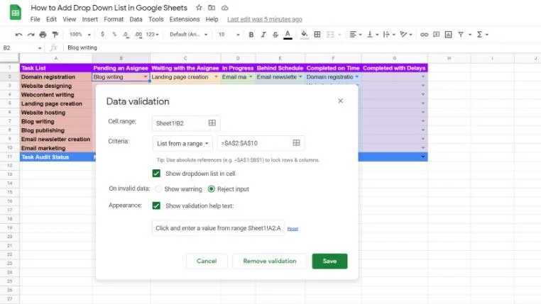 Menu di convalida dei dati in Fogli Google