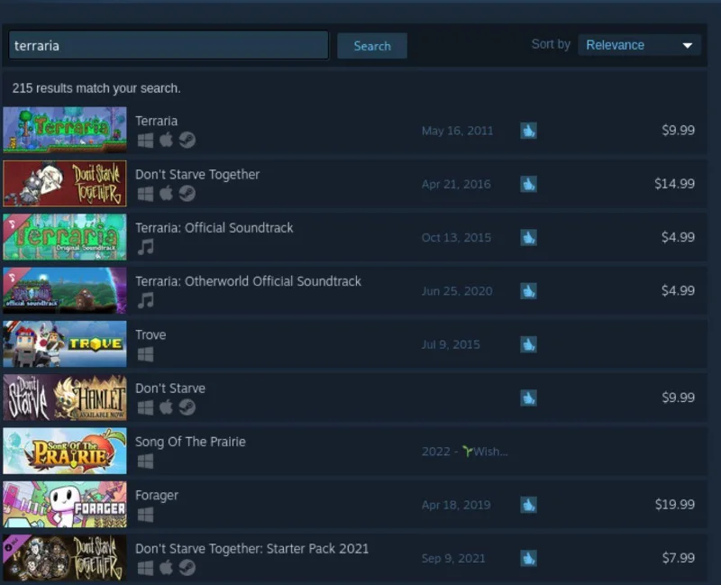 Pesquisa de Terraria na loja Steam