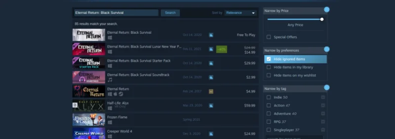 Steam Store에서 게임 검색하기