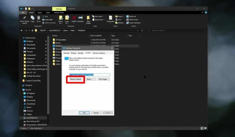 Windows10でデスクトップフォルダーをOneDriveから移動する方法