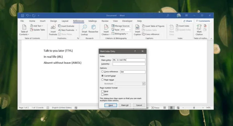 Index einfügen in Word – Office 365
