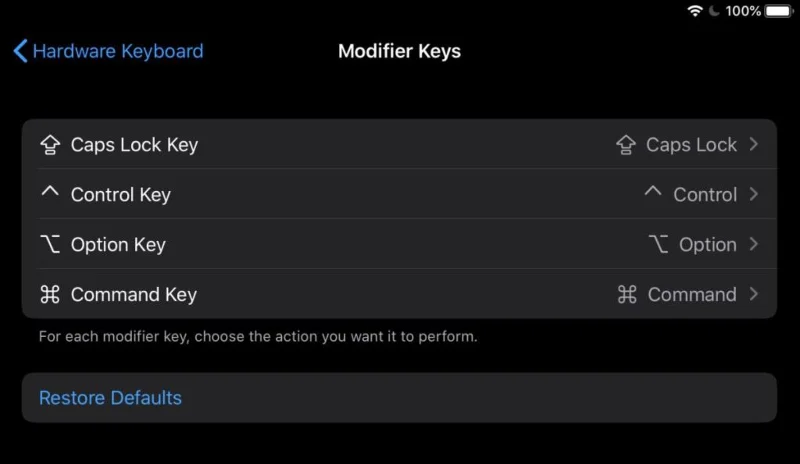 Réinitialisation des touches de modification sur iPad