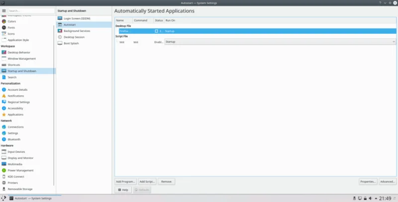 KDE Plasma 5의 자동 시작 설정