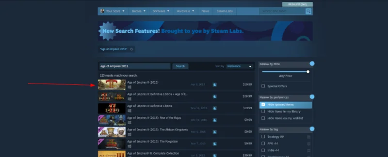 Steam 商店搜索界面