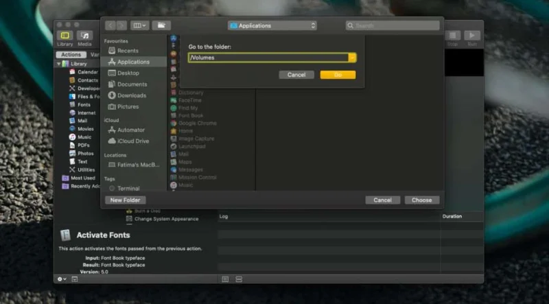 إدخال مسار المجلد في Automator