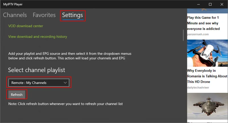 Aggiorna playlist su MyIPTV Player
