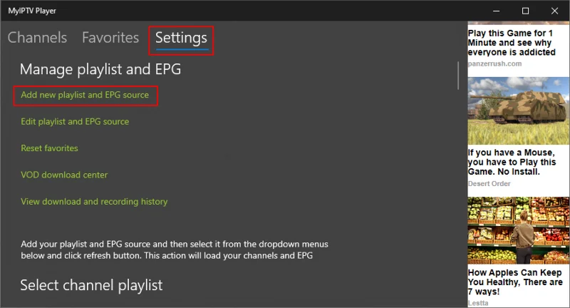 Aggiunta playlist su MyIPTV Player