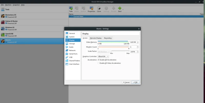 Allocazione memoria video in VirtualBox