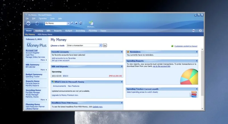 Interfaccia di Microsoft Money su Windows 10