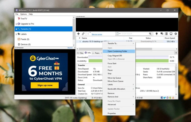 Cliente Torrent mostrando downloads