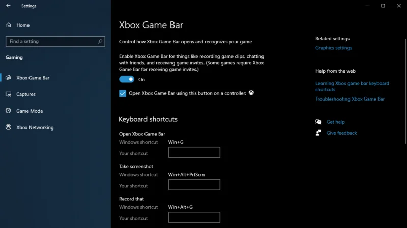 Включение Xbox Game Bar