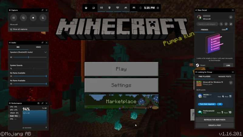 Интерфейс Xbox Game Bar