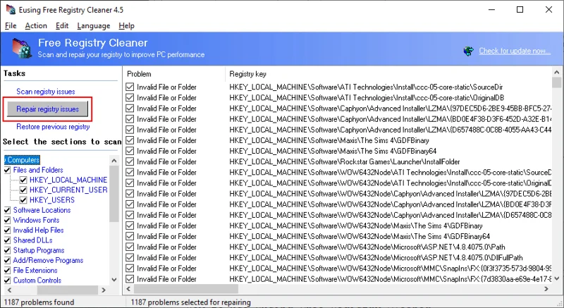 Eusing Cleaner Registro di sistema gratuito: download + come usare