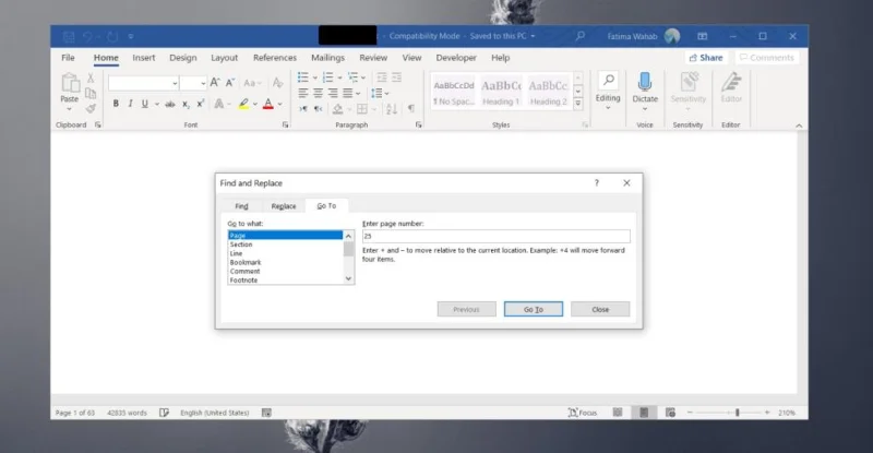 So rufen Sie eine Seite in Word in Microsoft 365 auf