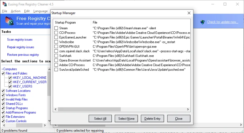 Eusing Cleaner Registro di sistema gratuito: download + come usare