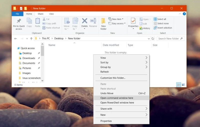 Windows 10의 탐색기에서 여기서 명령 창 열기 옵션을 얻는 방법