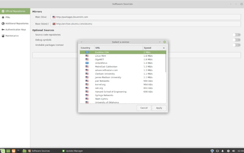 Selezione di un mirror di aggiornamento locale in Linux Mint
