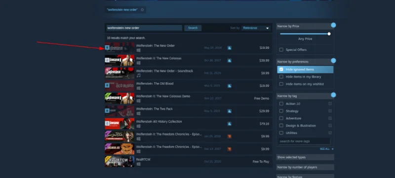 Wyszukiwanie Wolfenstein w Steam