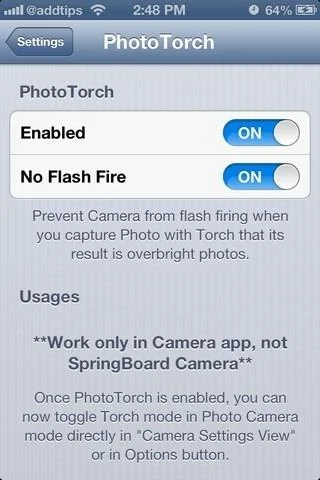 Fügen Sie mit PhotoTorch Taschenlampenmodus und Blitzintensitätssteuerung zur iPhone-Kamera-App hinzu