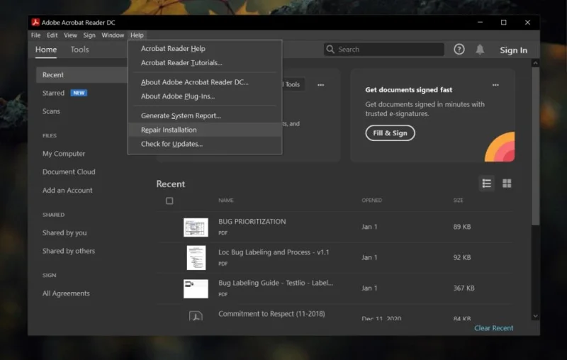 Riparazione Adobe Reader