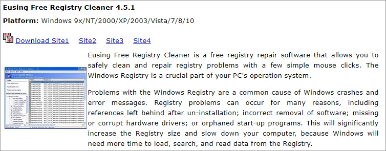 Eusing Cleaner Registro di sistema gratuito: download + come usare