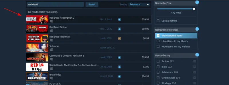 Buscar Red Dead Redemption 2 en Steam