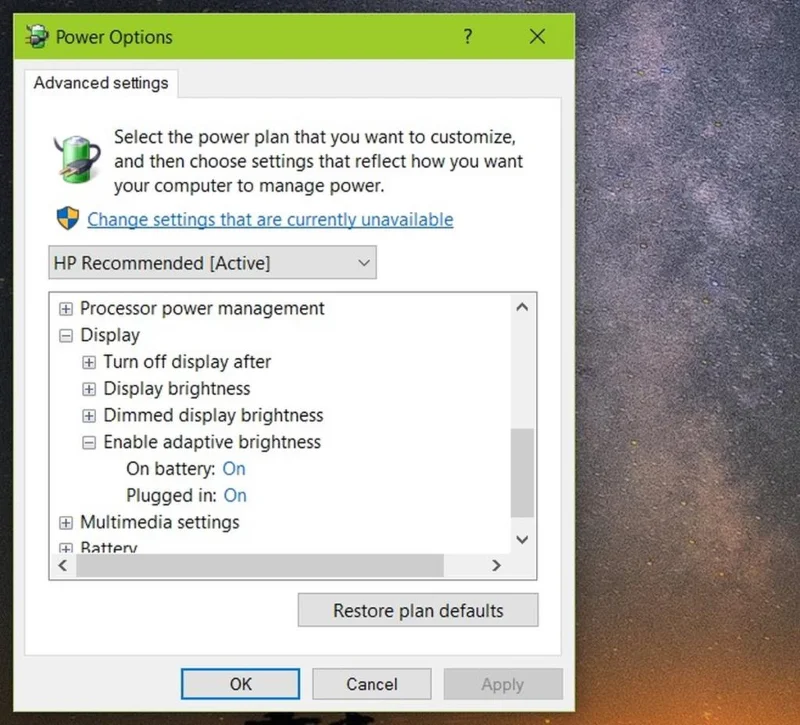 Disattivare la luminosità adattiva