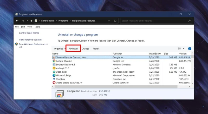 Disinstallazione di Chrome Remote Desktop