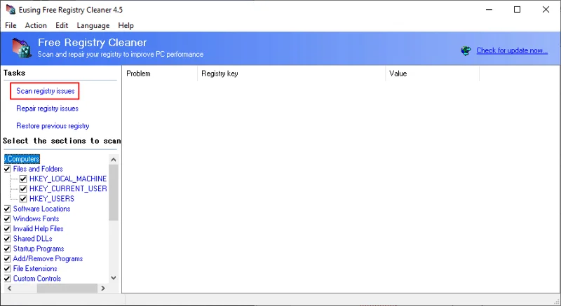 Eusing Cleaner Registro di sistema gratuito: download + come usare