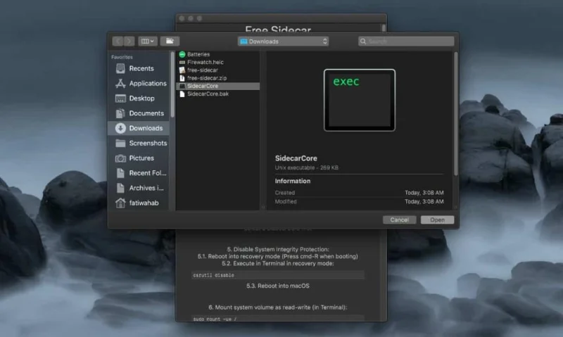 Seleziona il file SidecarCore