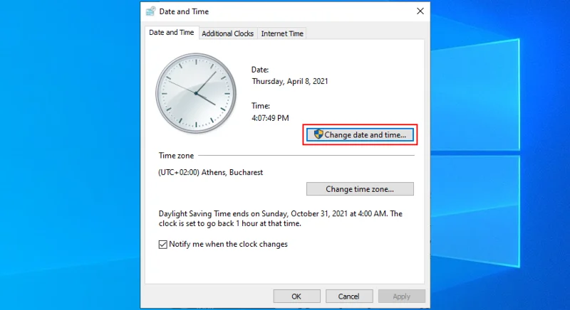 Alterar data e hora