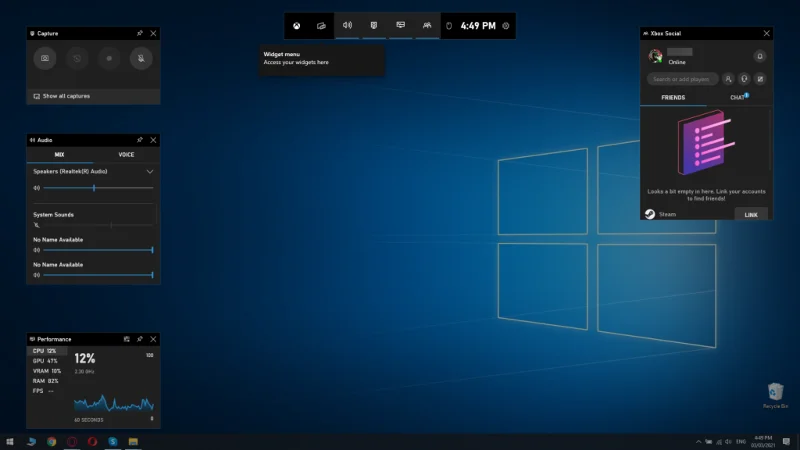 Интерфейс Xbox Game Bar