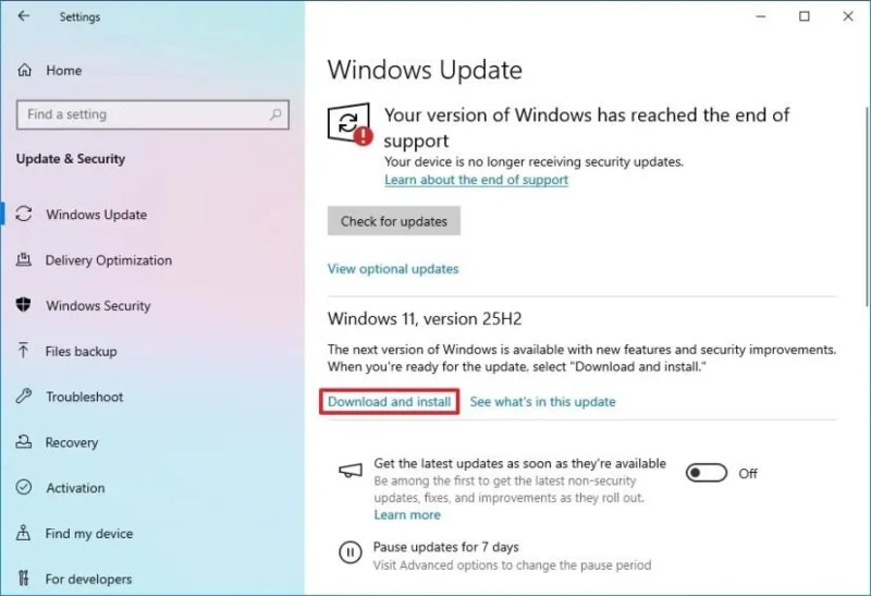 Come aggiornare Windows 10 a Windows 11 25H2
