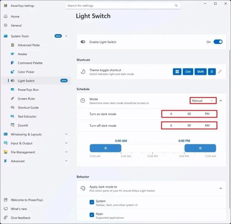 Come attivare la commutazione automatica tra modalità chiara e scura con PowerToys su Windows 11