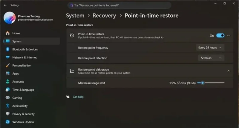 La build 26220.7271 (KB5070307) per Windows 11 25H2 aggiunge Xbox FSE, Ripristino a un punto specifico nel tempo e una revisione di Esplora file (Dev, Beta)
