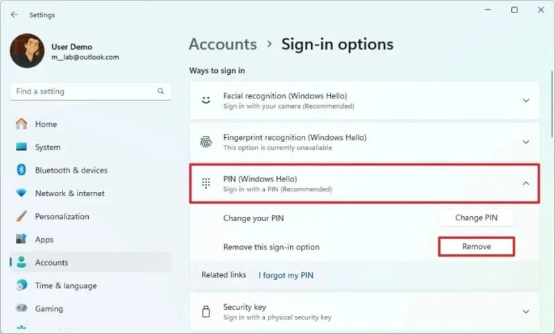 Windows 11でPIN（グレー表示）を削除する方法