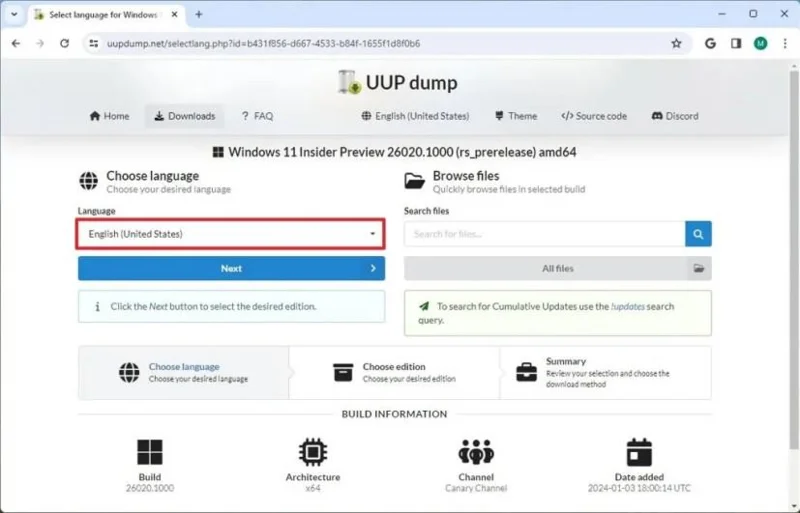 Scarica l'immagine ISO di Windows 11 (build 26300.8142, 26220.8138, 28020.1797) utilizzando UUP Dump.