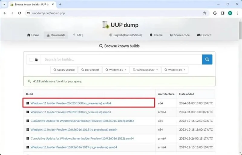 Scarica l'immagine ISO di Windows 11 (build 26300.8142, 26220.8138, 28020.1797) utilizzando UUP Dump.