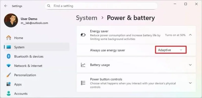 Windows 11'de pil ömrünü iyileştirmek için Uyarlanabilir Enerji Tasarrufu modunu etkinleştirin. Windows 11'de pil ömrünü iyileştirmek için Uyarlanabilir Enerji Tasarrufu modunu etkinleştirin.