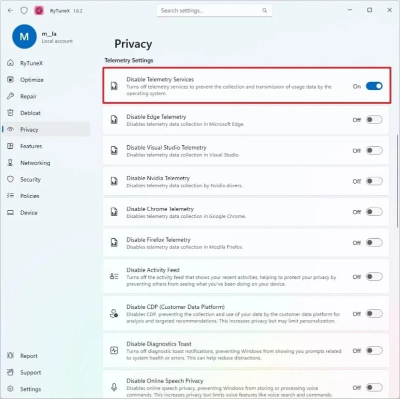 RyTuneXを使用してWindows 11でテレメトリを無効にする方法(プライバシーの向上) RyTuneXを使用してWindows 11でテレメトリを無効にする方法(プライバシーの向上)