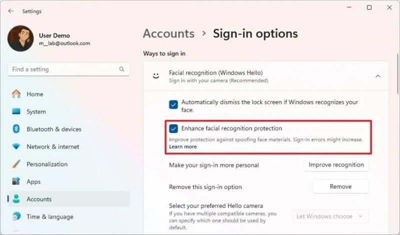 Come attivare la protezione anti-spoofing per Windows Hello Face su Windows 11