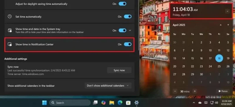 La build 22635.5240 per Windows 11 introduce un nuovo orologio con i secondi nel Centro notifiche (Beta).