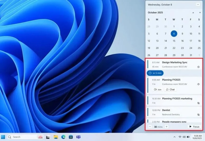 Windows 11 ripristina la visualizzazione degli eventi nel calendario della barra delle applicazioni con la nuova funzionalità Agenda.