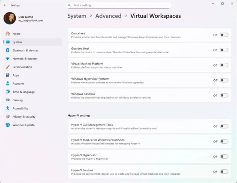 Le aree di lavoro virtuali di Windows 11 consentono di abilitare Hyper-V e Sandbox tramite l'app Impostazioni.