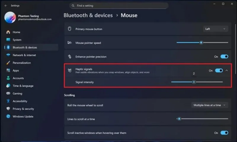 La build 26300.8155 (KB5083822) per Windows 11 26H2 aggiunge effetti di feedback aptico (Dev)