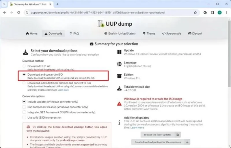 Scarica l'immagine ISO di Windows 11 (build 26300.8142, 26220.8138, 28020.1797) utilizzando UUP Dump.