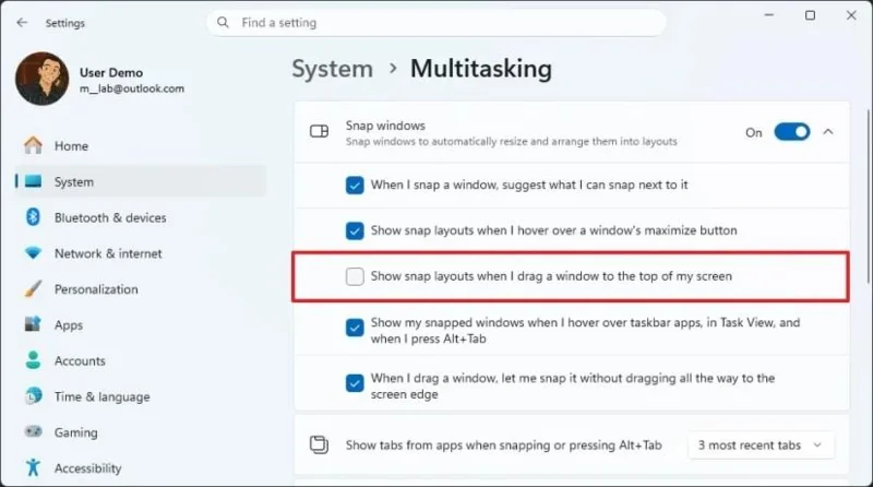 Come disabilitare il trascinamento nella parte superiore dello schermo dei layout Snap su Windows 11