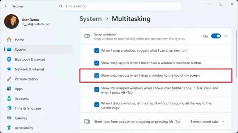 Come disabilitare il trascinamento nella parte superiore dello schermo dei layout Snap su Windows 11